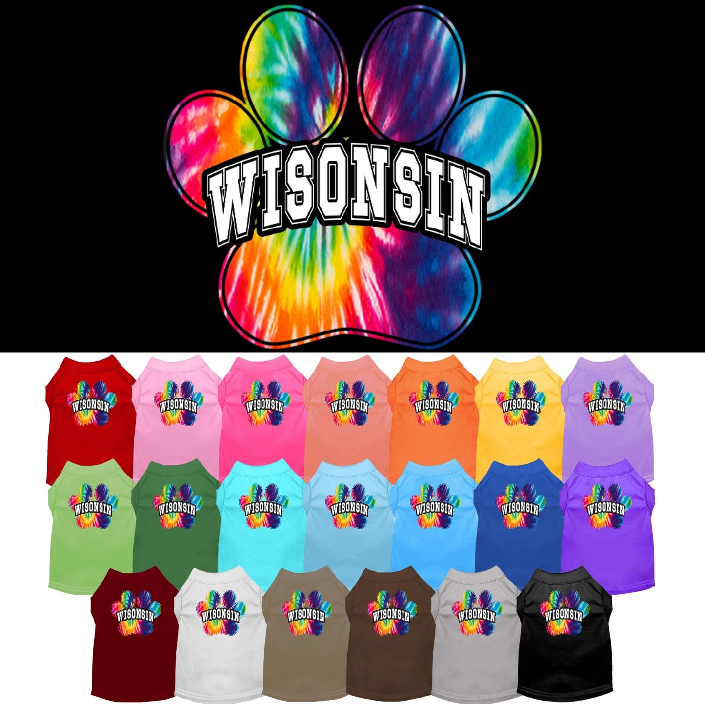 Camisa serigrafiada para perros y gatos, para mascotas pequeñas y medianas (tallas XS a XL), "Wisconsin Bright Tie Dye"