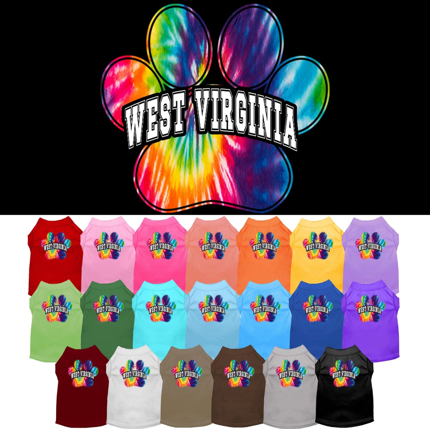 Pet Dog & Cat Screen Printed Shirt for Small to Medium Pets (Sizes XS-XL), "West Virginia Bright Tie Dye"