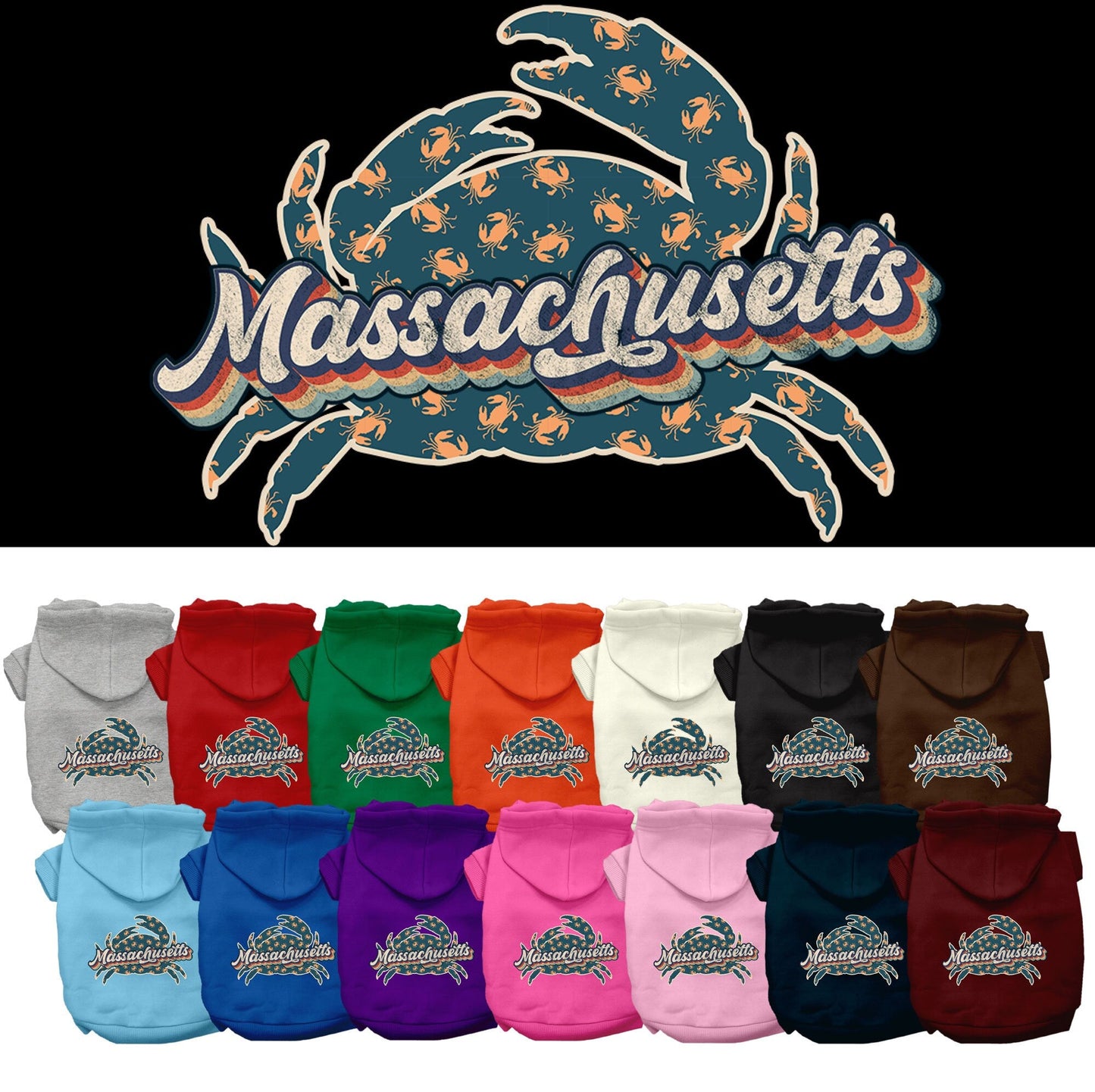 Pet Dog & Cat Screen Printed Hoodie for Small to Medium Pets (Sizes XS-XL), "Massachusetts Retro Crabs"