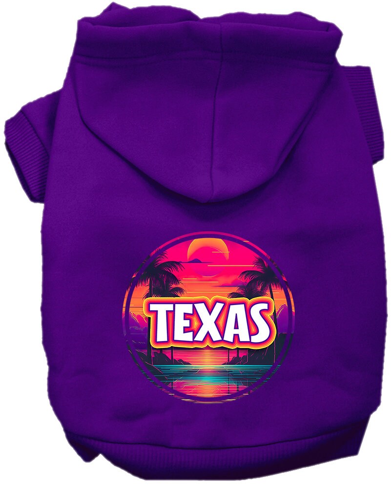 Sudadera con capucha serigrafiada para perros y gatos, para mascotas pequeñas y medianas (tallas XS a XL), "Texas Neon Beach Sunset"