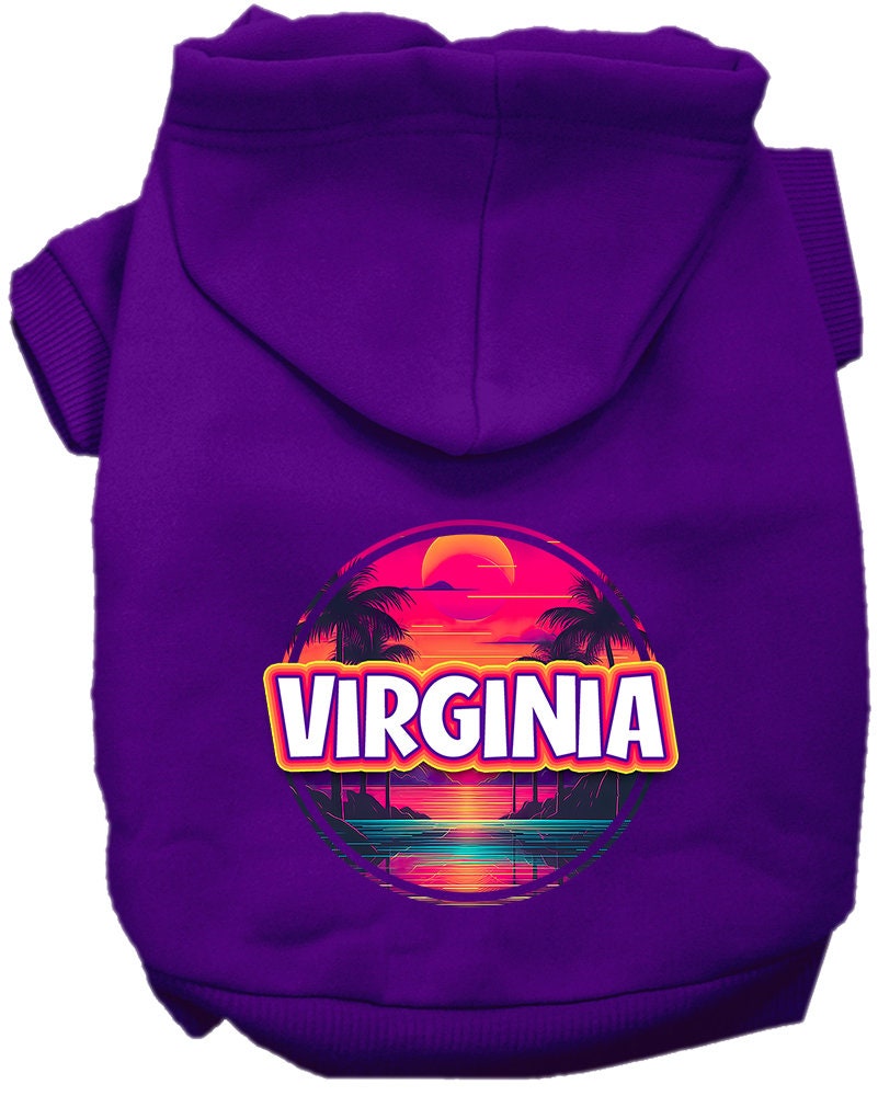 Pet Dog & Cat Screen Printed Hoodie for Small to Medium Pets (Sizes XS-XL), "Virginia Neon Beach Sunset"