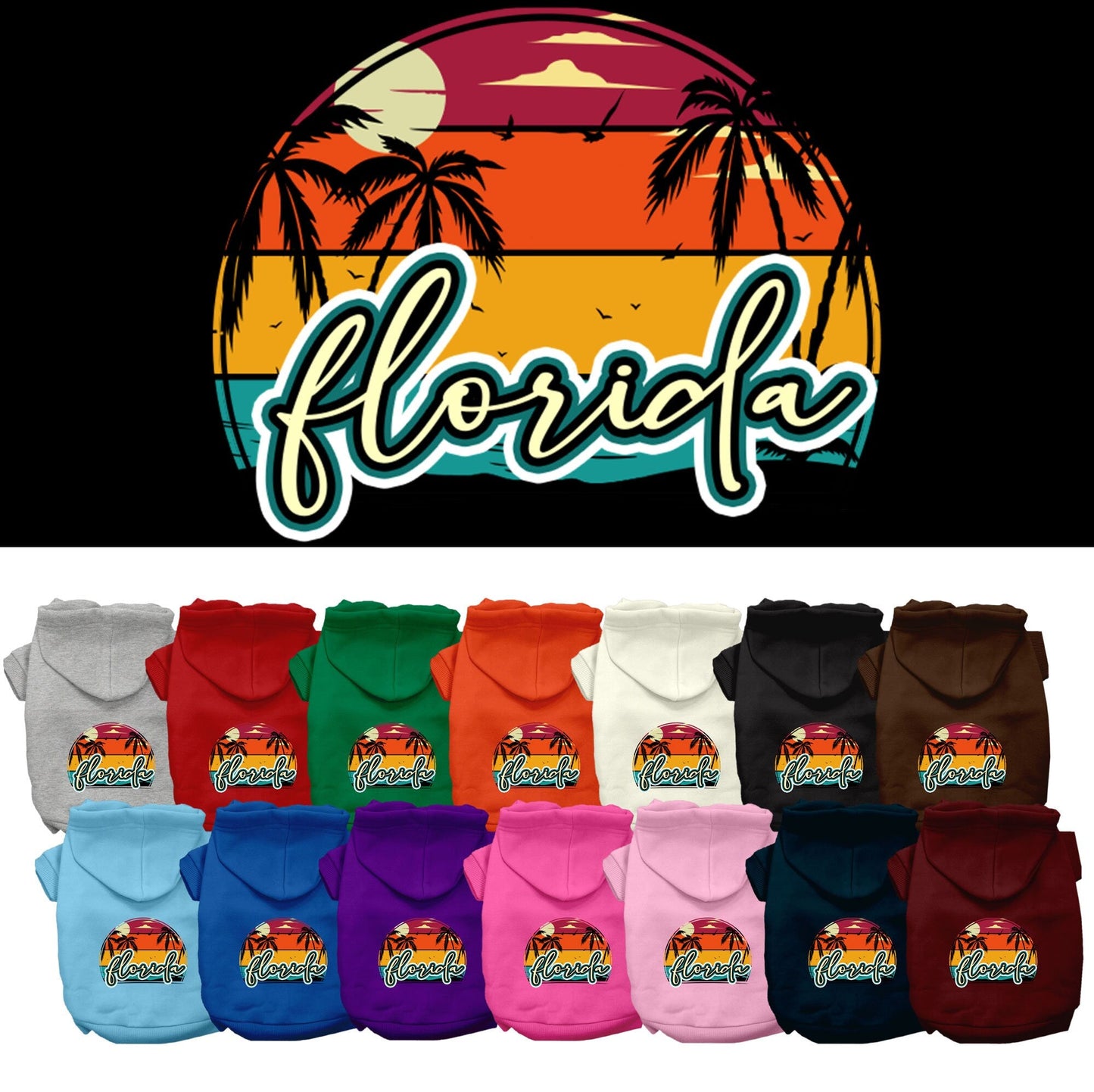 Sudadera con capucha serigrafiada para perros y gatos, para mascotas medianas y grandes (tallas 2XL-6XL), "Florida Retro Beach Sunset"