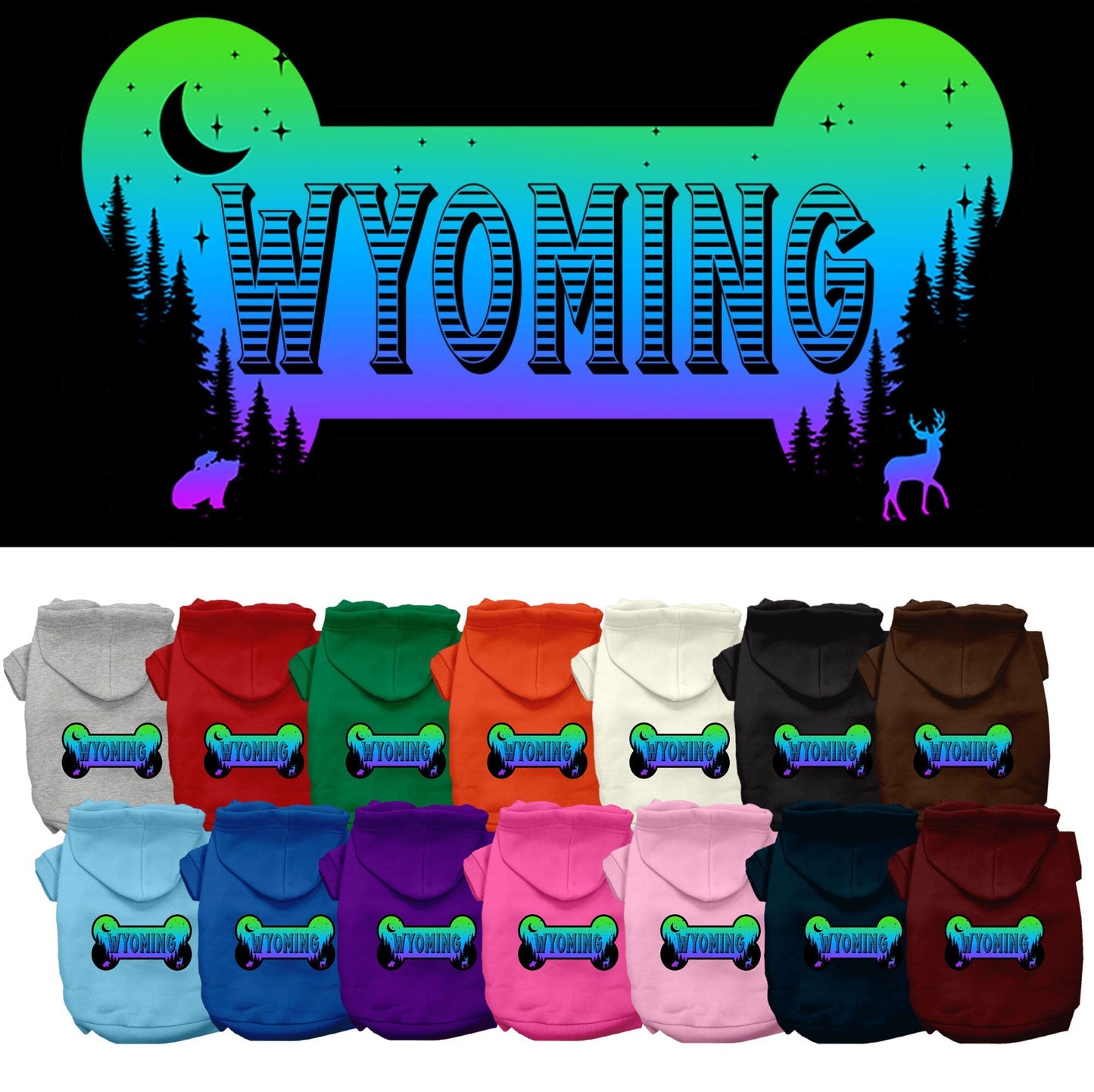 Sudadera con capucha serigrafiada para perros y gatos, para mascotas pequeñas y medianas (tallas XS a XL), "Wyoming Mountain Shades"