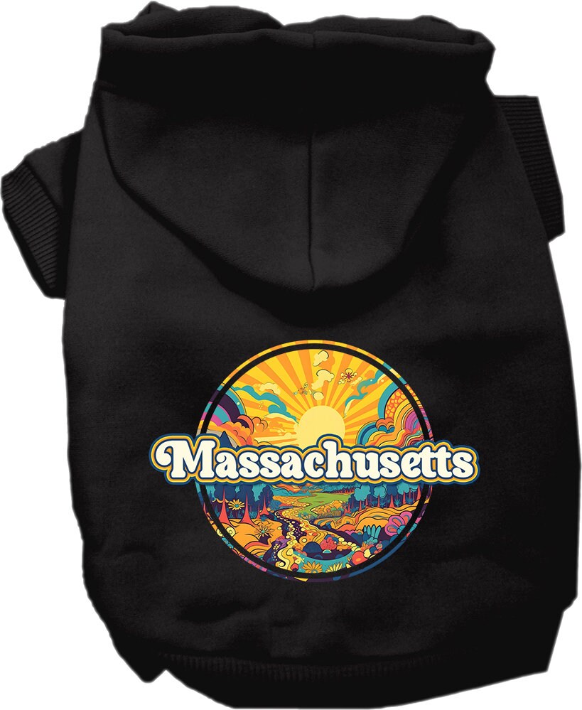 Sudadera con capucha serigrafiada para perros y gatos, para mascotas pequeñas y medianas (tallas XS a XL), "Massachusetts Trippy Peaks"