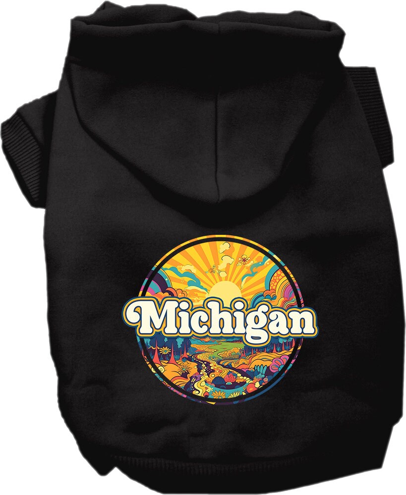 Sudadera con capucha serigrafiada para perros y gatos, para mascotas pequeñas y medianas (tallas XS a XL), "Michigan Trippy Peaks"