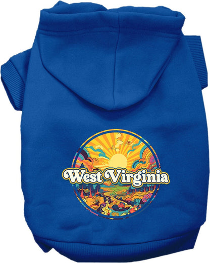 Sudadera con capucha serigrafiada para perros y gatos, para mascotas pequeñas y medianas (tallas XS a XL), "West Virginia Trippy Peaks"