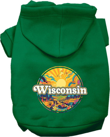 Sudadera con capucha serigrafiada para perros y gatos, para mascotas pequeñas y medianas (tallas XS a XL), "Wisconsin Trippy Peaks"