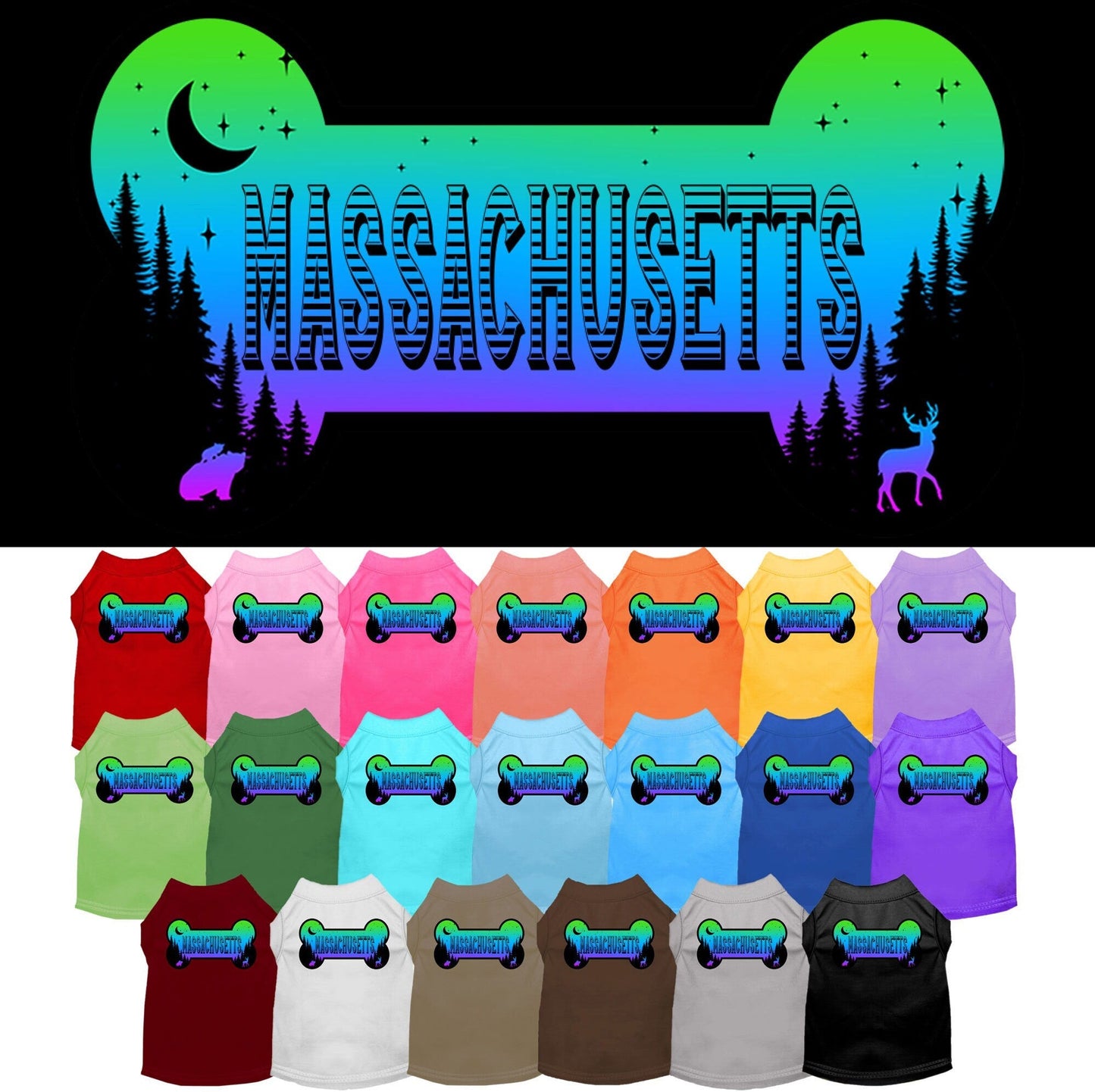 Camiseta serigrafiada para perros y gatos, para mascotas pequeñas y medianas (tallas XS a XL), "Massachusetts Mountain Shades"