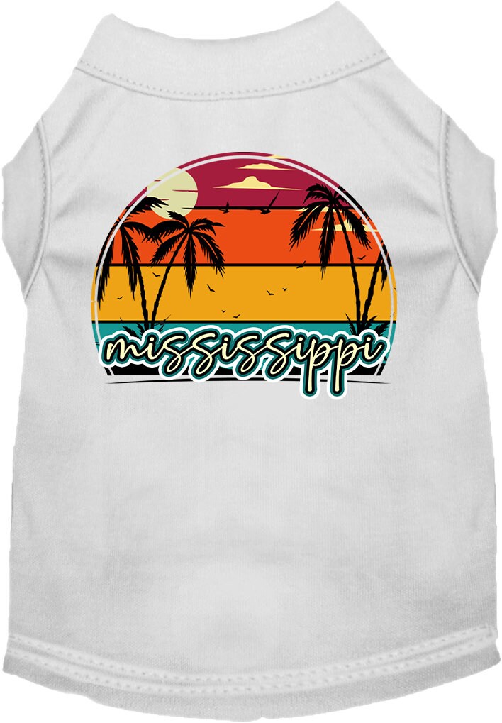 Camiseta serigrafiada para perros y gatos, para mascotas pequeñas y medianas (tallas XS a XL), "Mississippi Retro Beach Sunset"