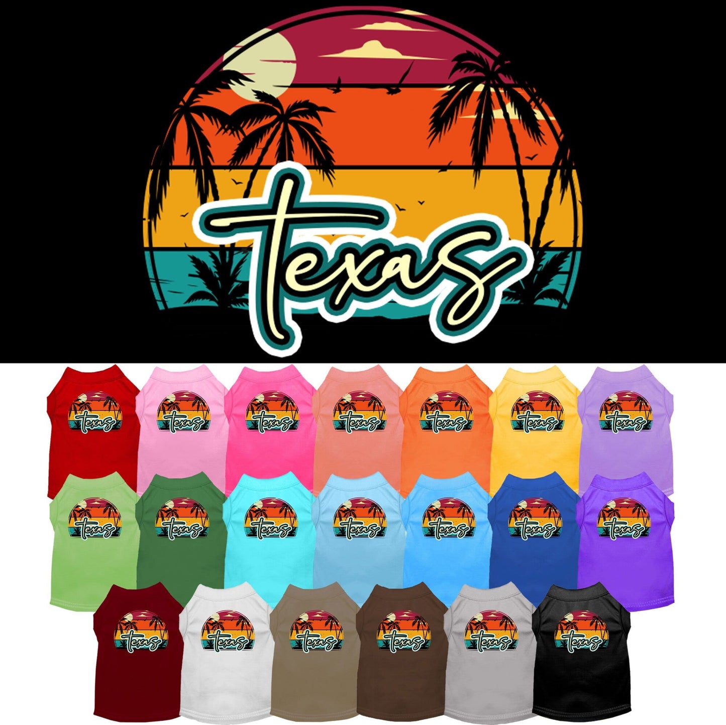 Camiseta serigrafiada para perros y gatos, para mascotas pequeñas y medianas (tallas XS a XL), "Texas Retro Beach Sunset"