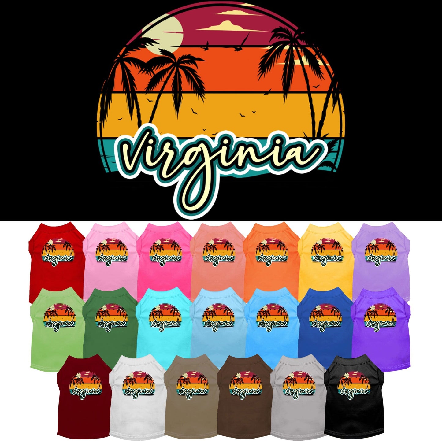 Camiseta serigrafiada para perros y gatos, para mascotas pequeñas y medianas (tallas XS a XL), "Virginia Retro Beach Sunset"