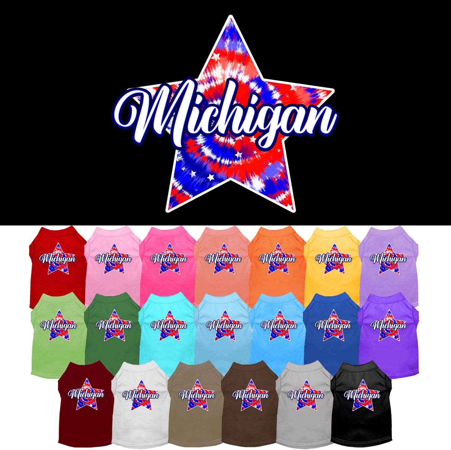 Camiseta serigrafiada para perros y gatos, para mascotas pequeñas y medianas (tallas XS a XL), "Michigan Patriotic Tie Dye"