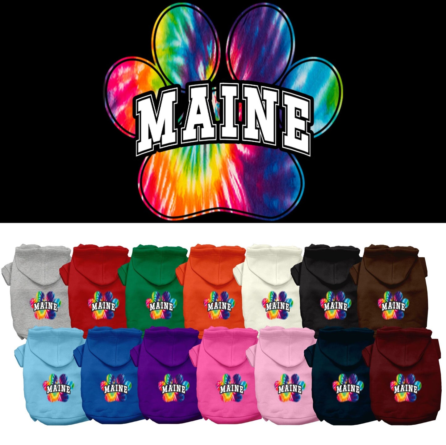 Sudadera con capucha serigrafiada para perros y gatos, para mascotas pequeñas y medianas (tallas XS a XL), "Maine Bright Tie Dye"