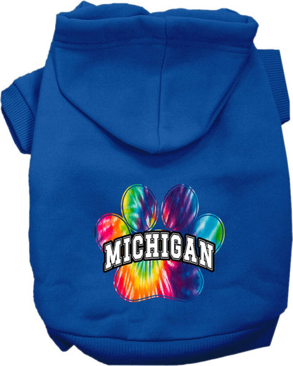 Sudadera con capucha serigrafiada para perros y gatos, para mascotas pequeñas y medianas (tallas XS a XL), "Michigan Bright Tie Dye"