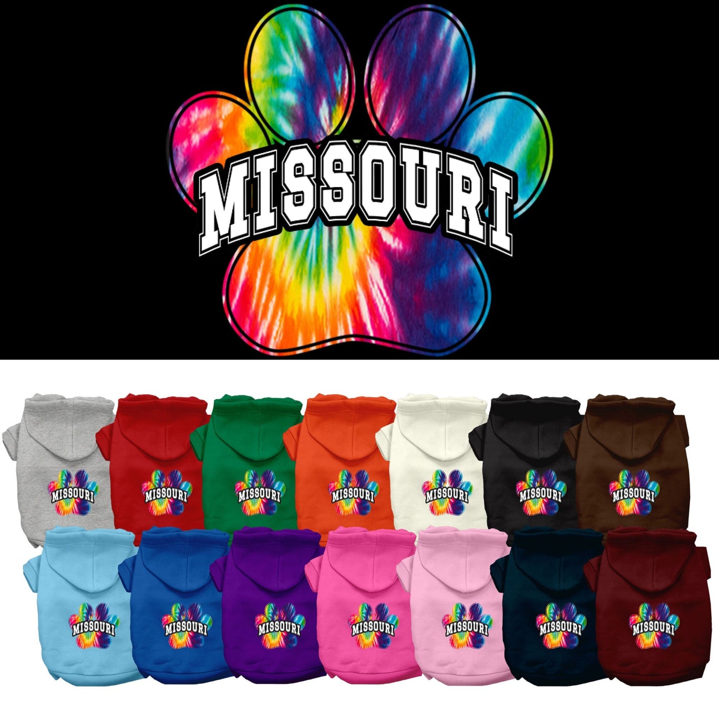 Sudadera con capucha serigrafiada para perros y gatos, para mascotas pequeñas y medianas (tallas XS a XL), "Missouri Bright Tie Dye"