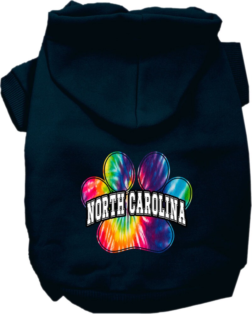 Sudadera con capucha serigrafiada para perros y gatos, para mascotas pequeñas y medianas (tallas XS a XL), "North Carolina Bright Tie Dye"