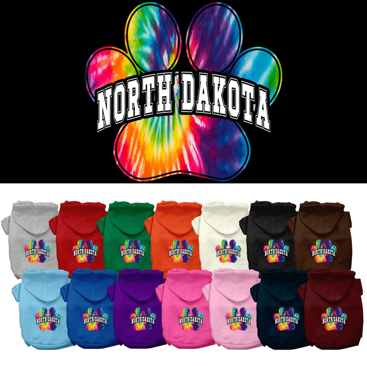 Sudadera con capucha serigrafiada para perros y gatos, para mascotas medianas y grandes (tallas 2XL a 6XL), "North Dakota Bright Tie Dye"