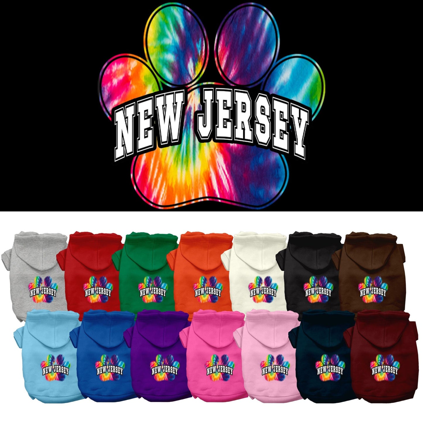 Sudadera con capucha serigrafiada para perros y gatos, para mascotas medianas y grandes (tallas 2XL-6XL), "New Jersey Bright Tie Dye"