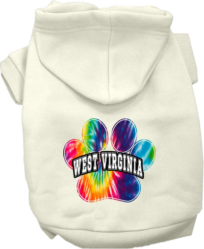 Sudadera con capucha serigrafiada para perros y gatos, para mascotas pequeñas y medianas (tallas XS a XL), "West Virginia Bright Tie Dye"