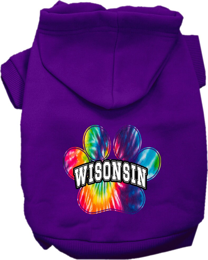 Sudadera con capucha serigrafiada para perros y gatos, para mascotas pequeñas y medianas (tallas XS a XL), "Wisconsin Bright Tie Dye"