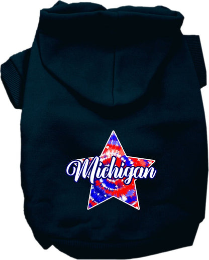 Sudadera con capucha serigrafiada para perros y gatos, para mascotas pequeñas y medianas (tallas XS a XL), "Michigan Patriotic Tie Dye"