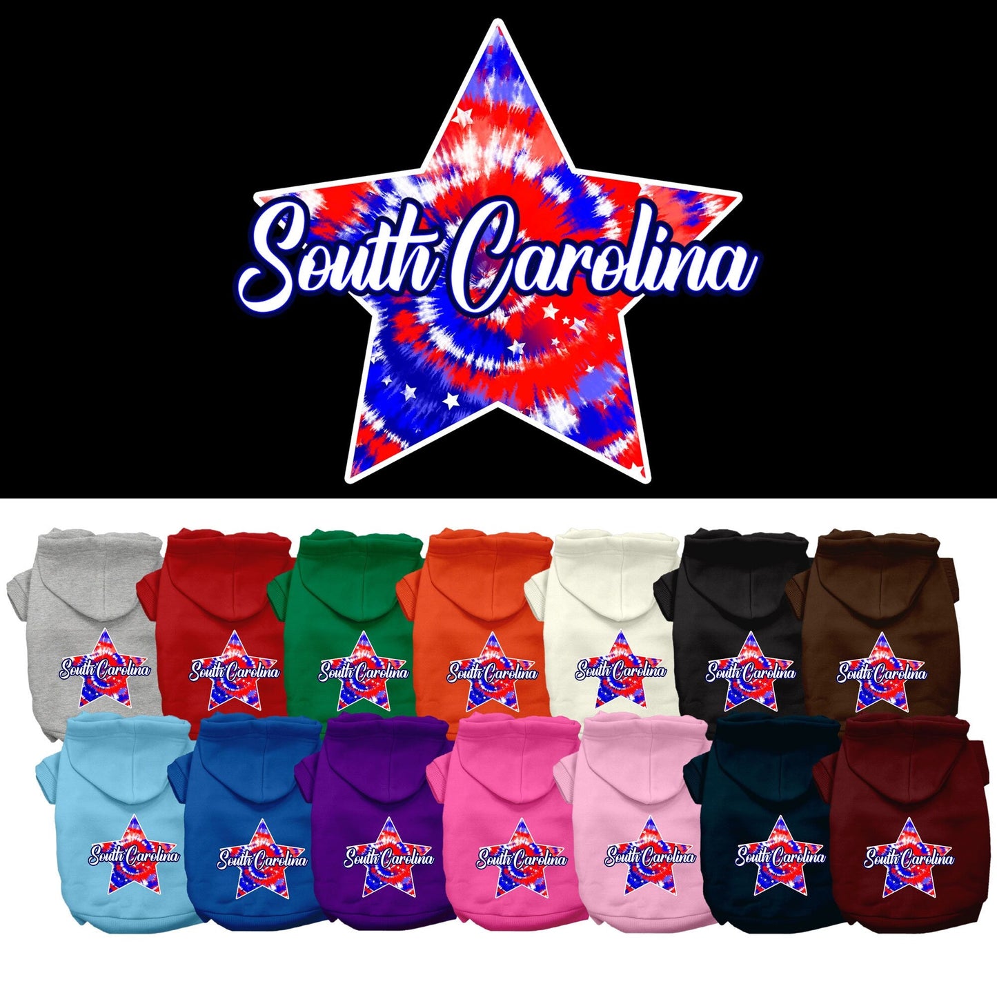 Sudadera con capucha serigrafiada para perros y gatos, para mascotas pequeñas y medianas (tallas XS a XL), "South Carolina Patriotic Tie Dye"