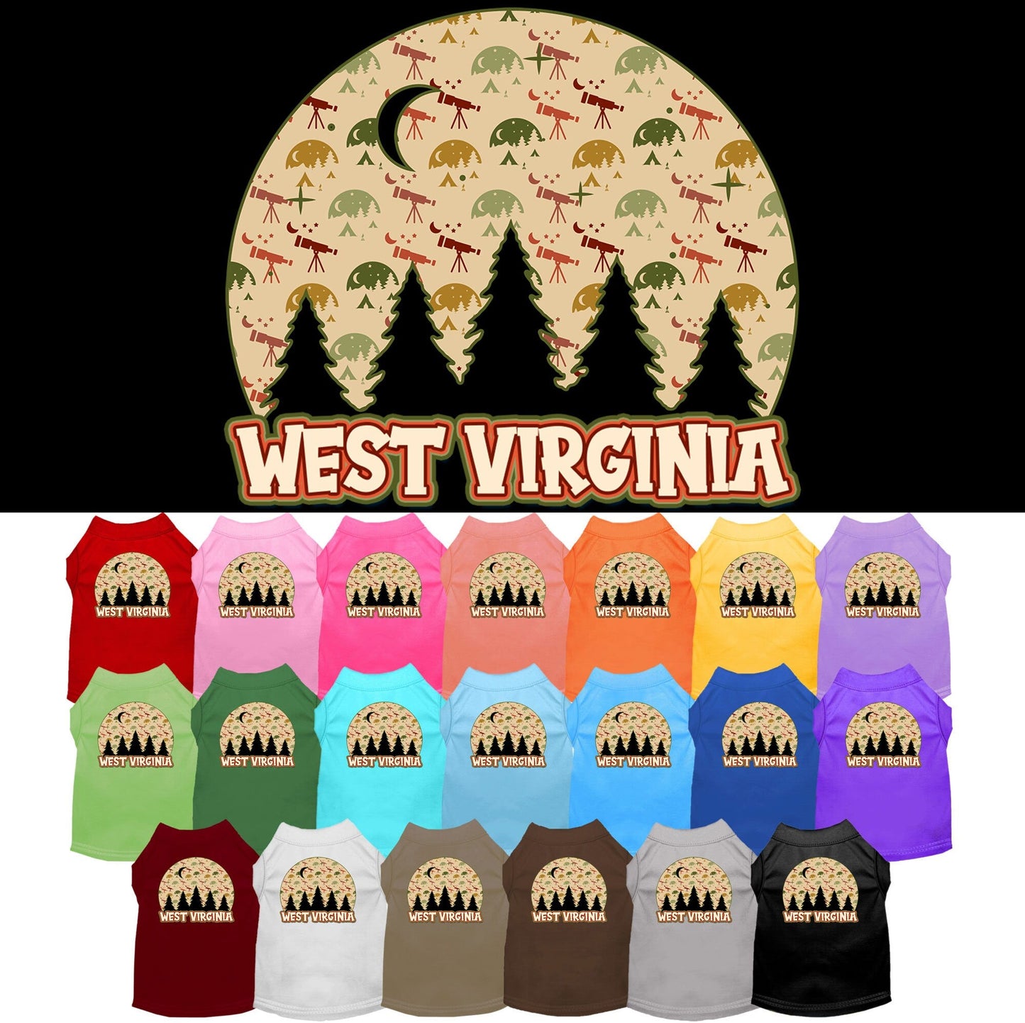 Camiseta serigrafiada para perros y gatos, para mascotas pequeñas y medianas (tallas XS a XL), "West Virginia Under The Stars"