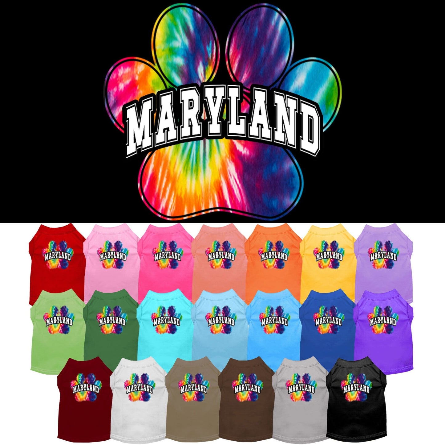 Camisa serigrafiada para perros y gatos, para mascotas pequeñas y medianas (tallas XS a XL), "Maryland Bright Tie Dye"