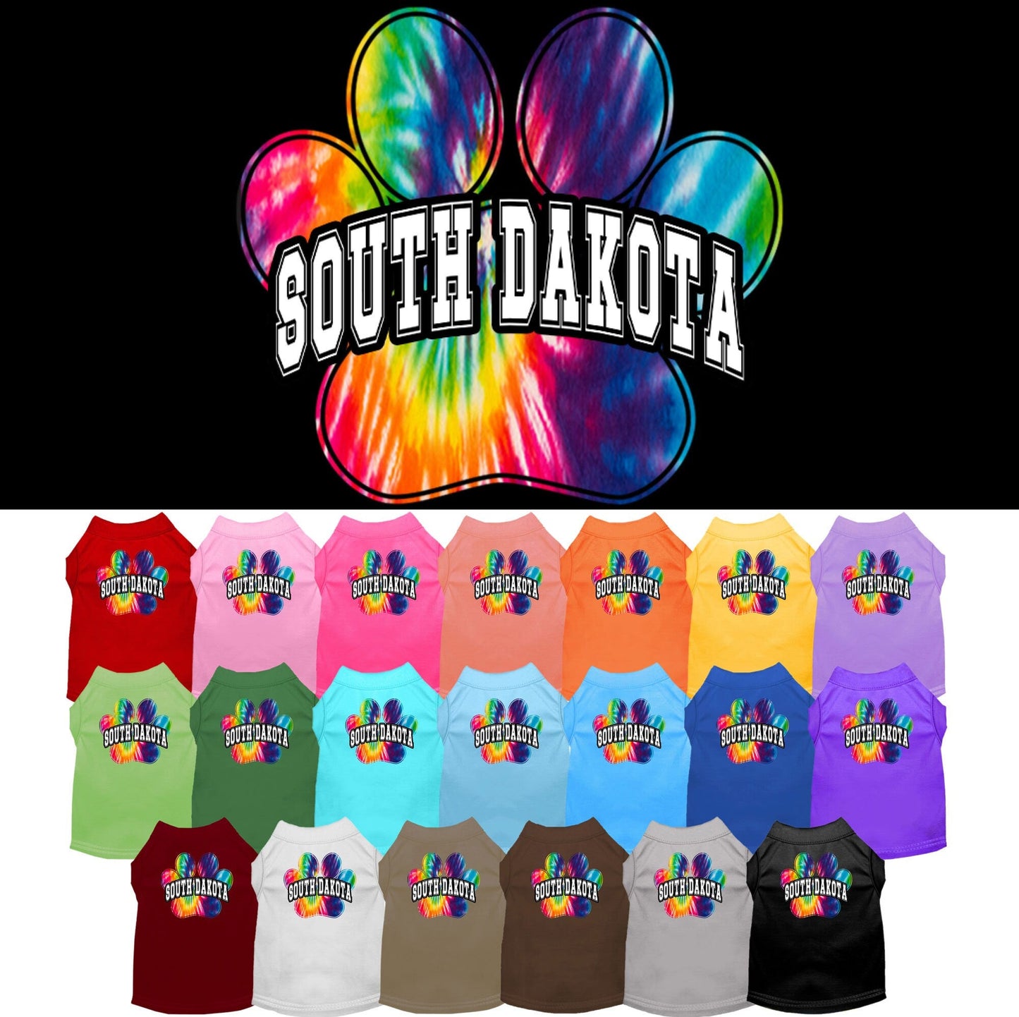 Camisa serigrafiada para perros y gatos, para mascotas pequeñas y medianas (tallas XS a XL), "South Dakota Bright Tie Dye"