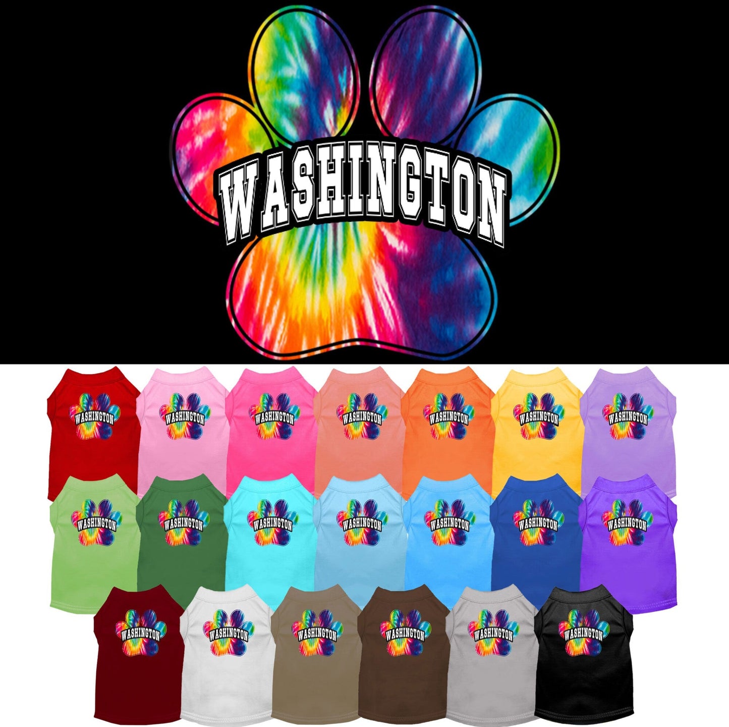 Camiseta serigrafiada para perros y gatos, para mascotas pequeñas y medianas (tallas XS a XL), "Washington Bright Tie Dye"