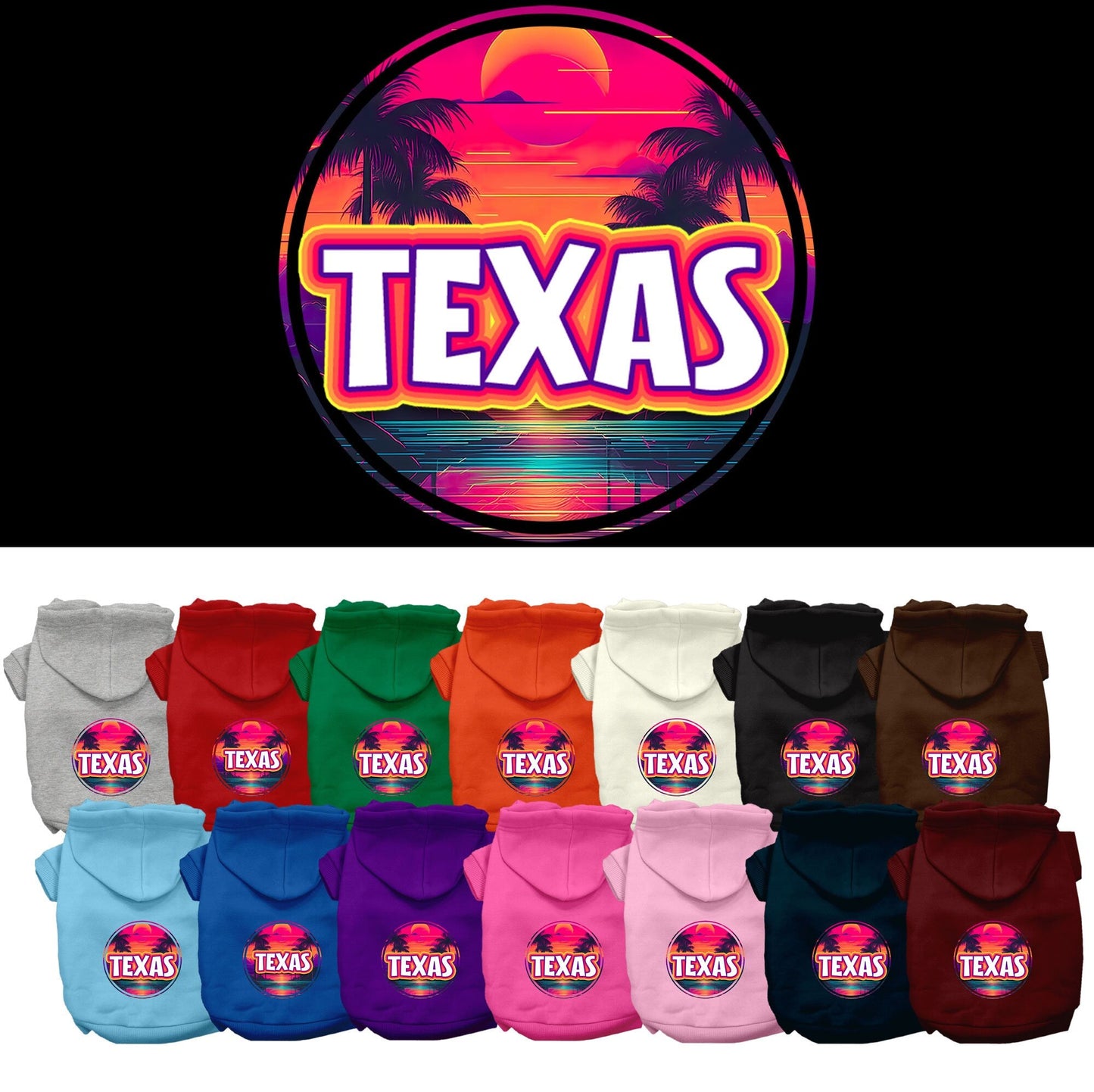 Sudadera con capucha serigrafiada para perros y gatos, para mascotas pequeñas y medianas (tallas XS a XL), "Texas Neon Beach Sunset"