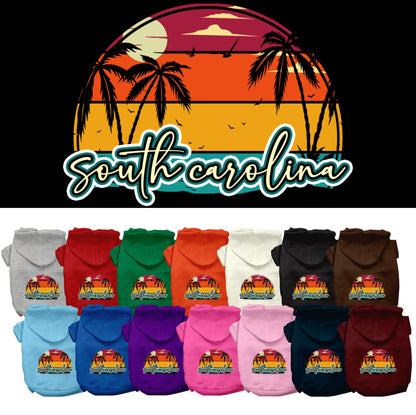 Sudadera con capucha serigrafiada para perros y gatos, para mascotas pequeñas y medianas (tallas XS a XL), "Puesta de sol retro en la playa de Carolina del Sur"