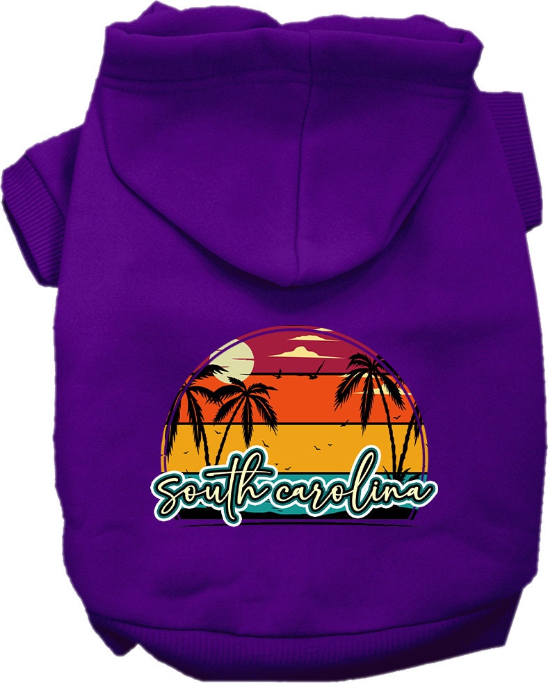 Sudadera con capucha serigrafiada para perros y gatos, para mascotas pequeñas y medianas (tallas XS a XL), "Puesta de sol retro en la playa de Carolina del Sur"