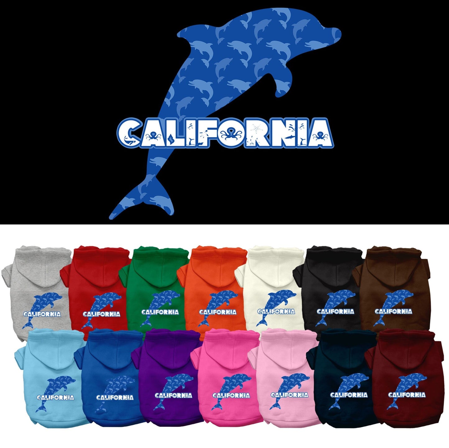 Sudadera con capucha serigrafiada para perros y gatos, para mascotas medianas y grandes (tallas 2XL-6XL), "California Blue Dolphins"