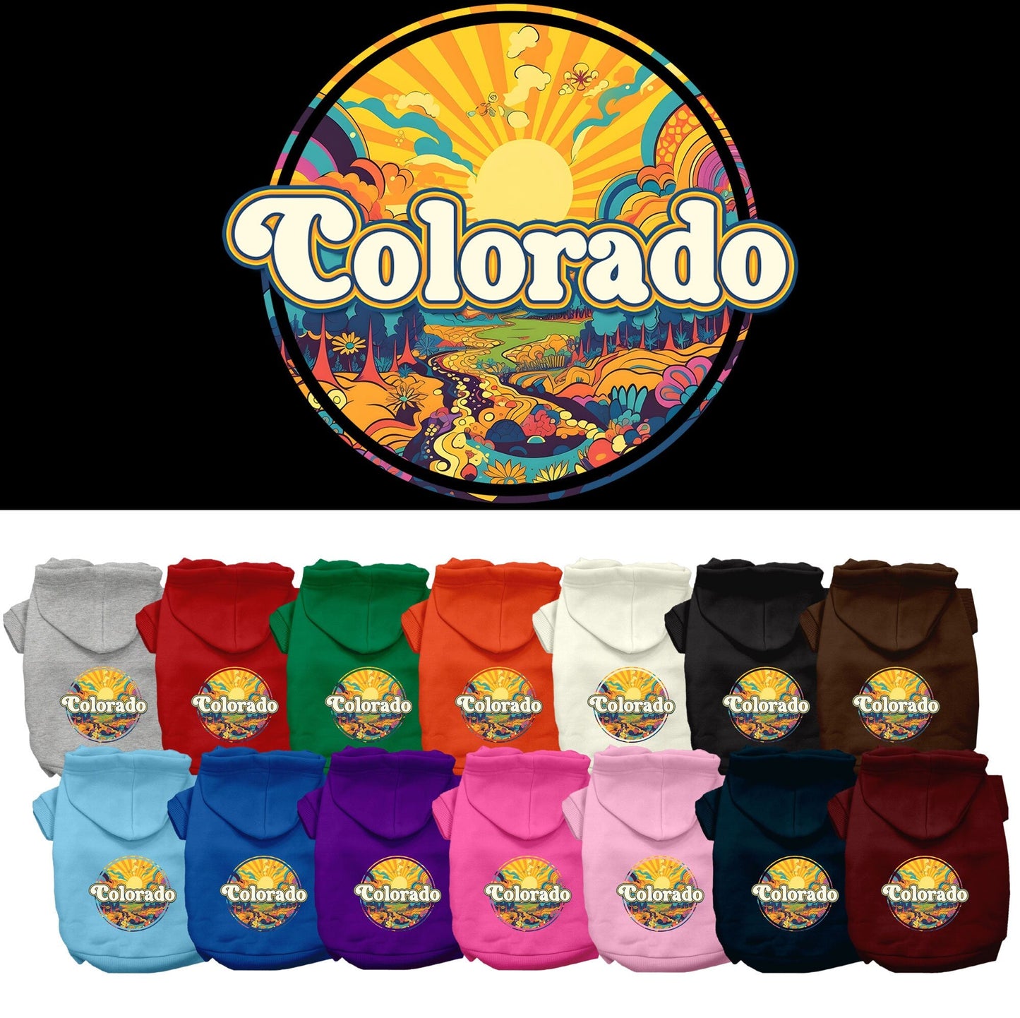 Pet Dog & Cat Screen Printed Hoodie for Medium to Large Pets (Sizes 2XL-6XL), "Colorado Trippy Peaks"