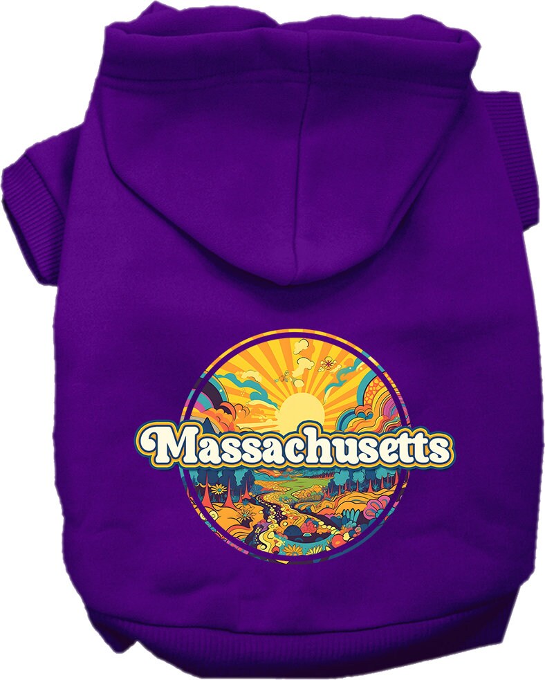 Sudadera con capucha serigrafiada para perros y gatos, para mascotas pequeñas y medianas (tallas XS a XL), "Massachusetts Trippy Peaks"