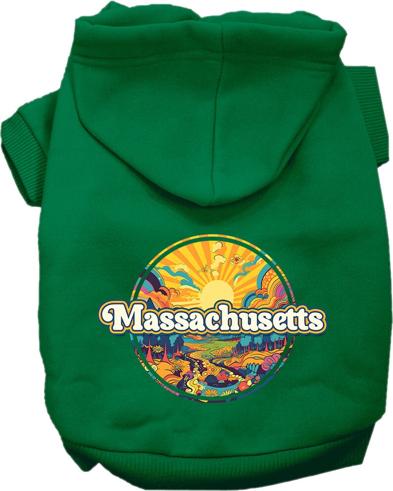 Sudadera con capucha serigrafiada para perros y gatos, para mascotas pequeñas y medianas (tallas XS a XL), "Massachusetts Trippy Peaks"