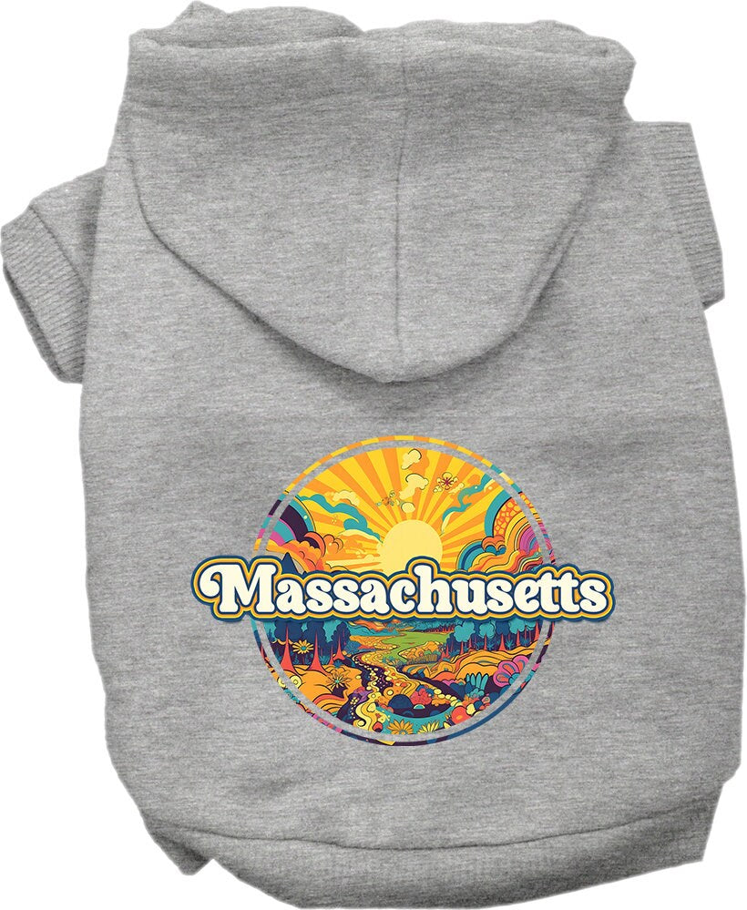 Sudadera con capucha serigrafiada para perros y gatos, para mascotas pequeñas y medianas (tallas XS a XL), "Massachusetts Trippy Peaks"