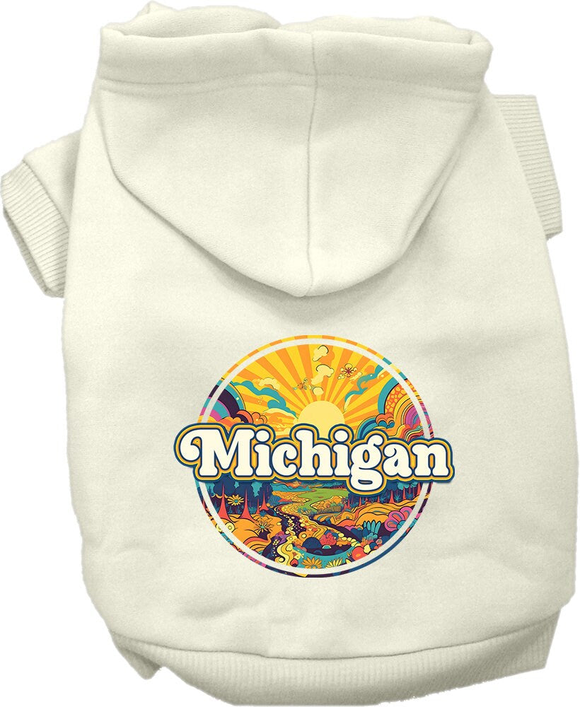 Sudadera con capucha serigrafiada para perros y gatos, para mascotas pequeñas y medianas (tallas XS a XL), "Michigan Trippy Peaks"