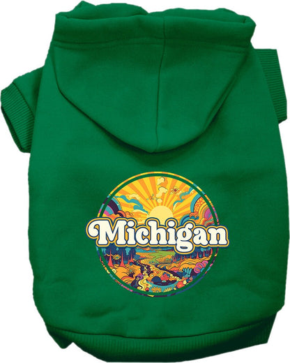 Sudadera con capucha serigrafiada para perros y gatos, para mascotas pequeñas y medianas (tallas XS a XL), "Michigan Trippy Peaks"