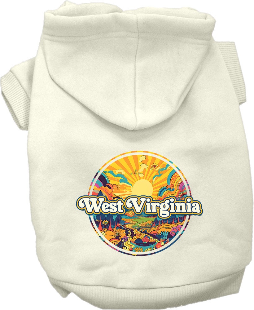 Sudadera con capucha serigrafiada para perros y gatos, para mascotas pequeñas y medianas (tallas XS a XL), "West Virginia Trippy Peaks"