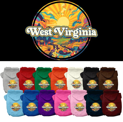 Sudadera con capucha serigrafiada para perros y gatos, para mascotas pequeñas y medianas (tallas XS a XL), "West Virginia Trippy Peaks"