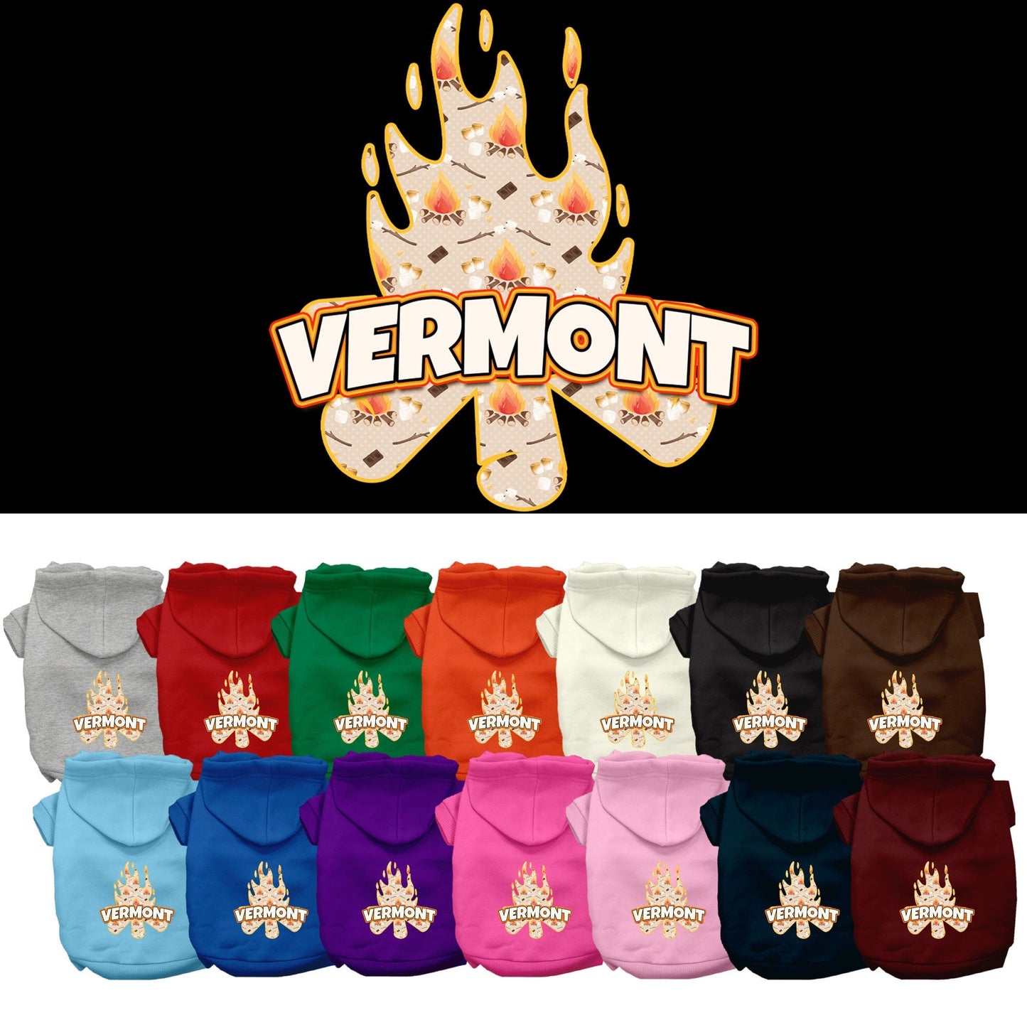 Sudadera con capucha serigrafiada para perros y gatos, para mascotas pequeñas y medianas (tallas XS a XL), "Vermont Around The Campfire"