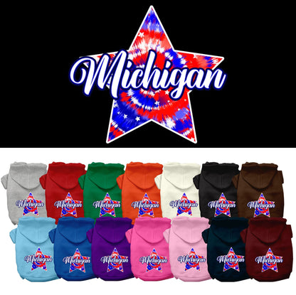 Sudadera con capucha serigrafiada para perros y gatos, para mascotas pequeñas y medianas (tallas XS a XL), "Michigan Patriotic Tie Dye"