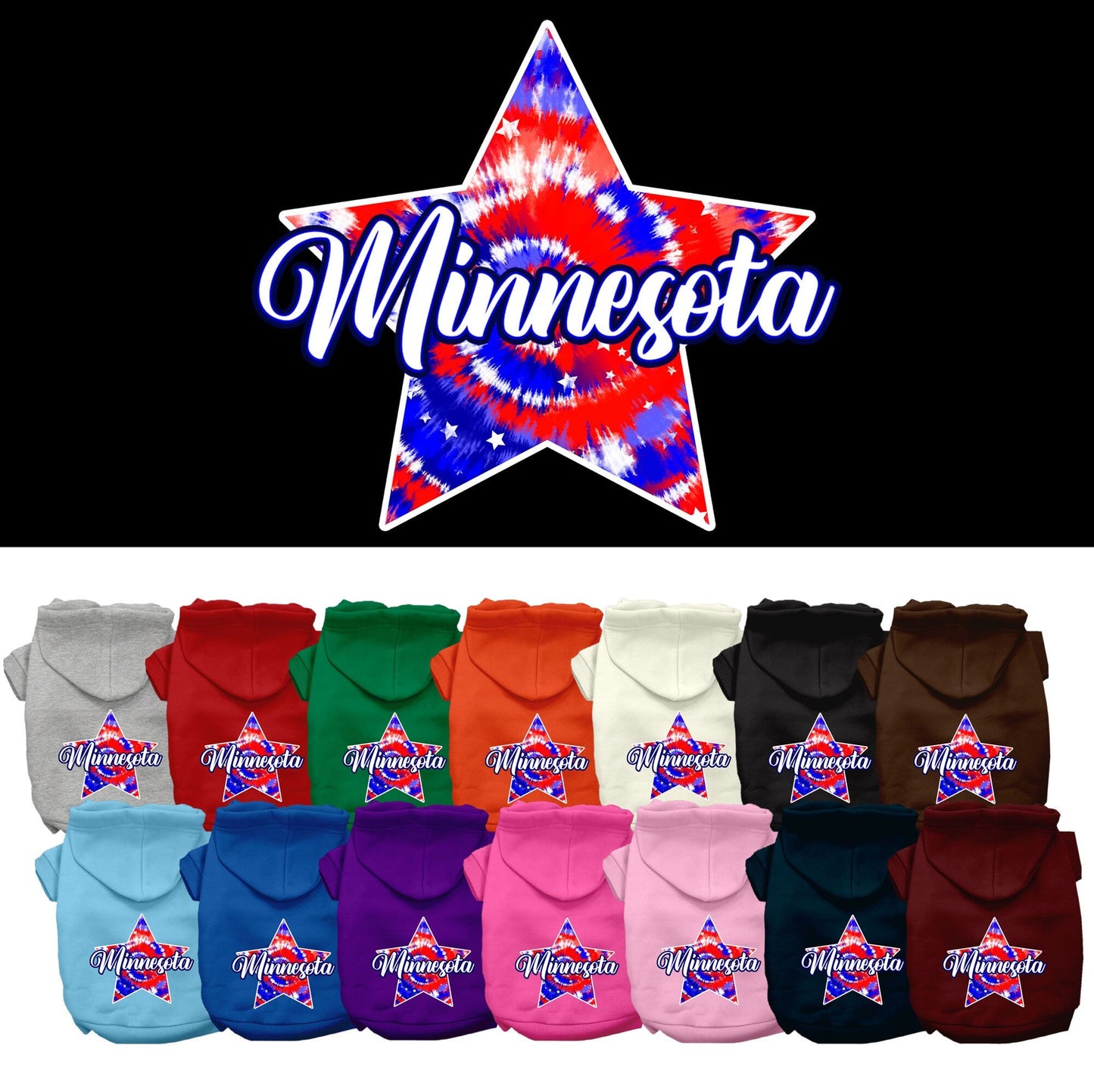 Sudadera con capucha serigrafiada para perros y gatos, para mascotas pequeñas y medianas (tallas XS a XL), "Minnesota Patriotic Tie Dye"