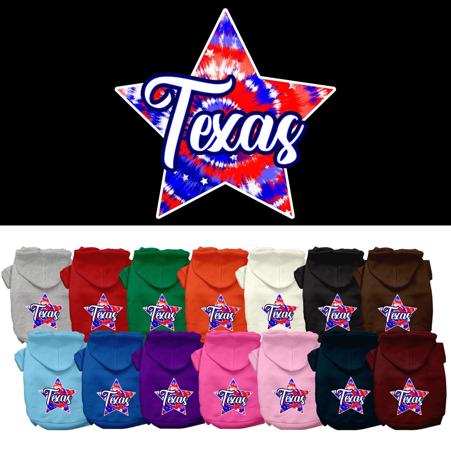 Pet Dog & Cat Screen Printed Hoodie for Small to Medium Pets (Sizes XS-XL), "Texas Patriotic Tie Dye"