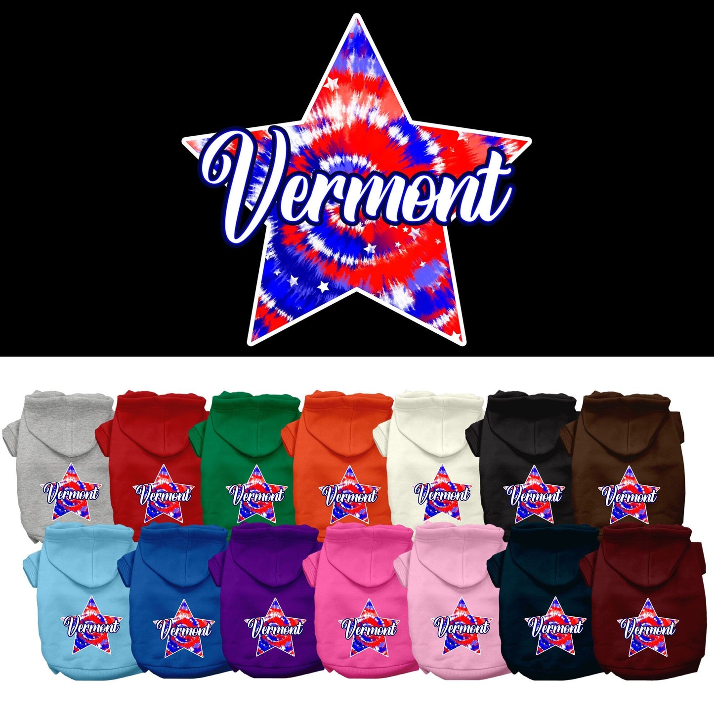 Sudadera con capucha serigrafiada para perros y gatos, para mascotas pequeñas y medianas (tallas XS a XL), "Vermont Patriotic Tie Dye"