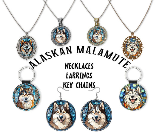 Alaskan Malamute Breed Jewelry - Stained Glass Style Necklaces, Earrings and more!