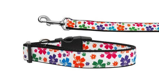 Collar o correa de nailon para perros y gatos, "Hibisco hawaiano multicolor"