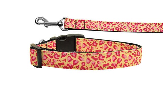 Collar o correa de nailon para perros y gatos, "leopardo tostado y rosa"